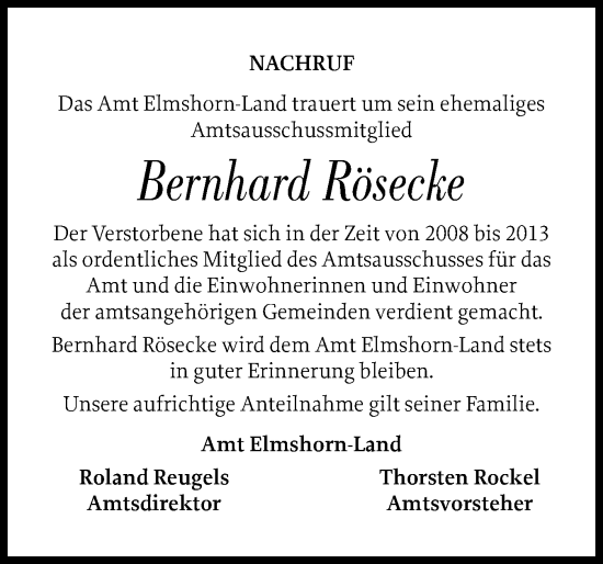 Traueranzeige von Bernhard Rösecke von Elmshorner Nachrichten, Barmstedter Zeitung