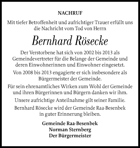 Traueranzeige von Bernhard Rösecke von Elmshorner Nachrichten, Barmstedter Zeitung