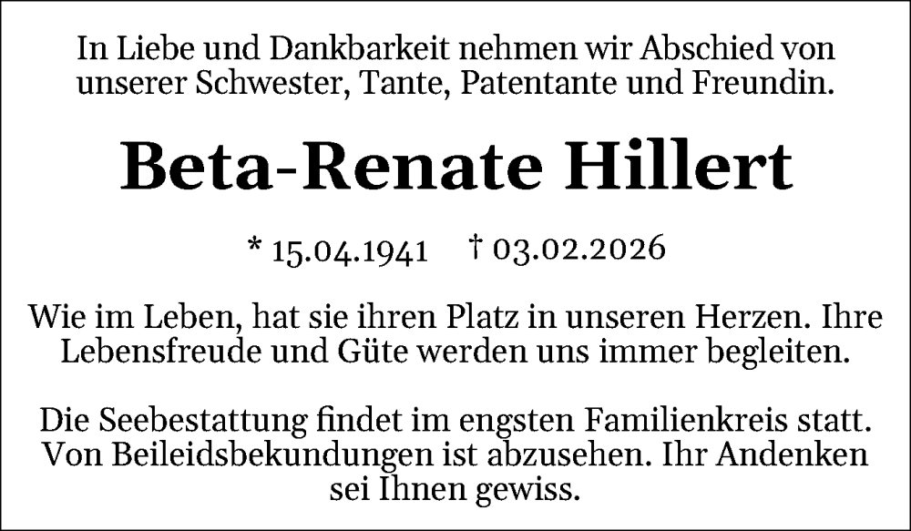  Traueranzeige für Beta-Renate Hillert vom 10.02.2026 aus Eckernförder Zeitung, Hallo Eckernförde