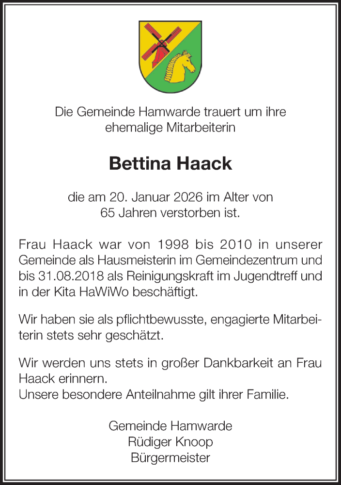  Traueranzeige für Bettina Haack vom 07.02.2026 aus Wochenend Anzeiger