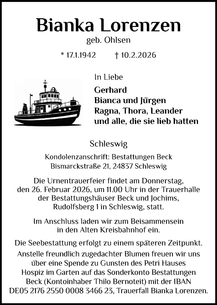  Traueranzeige für Bianka Lorenzen vom 14.02.2026 aus Schleswiger Nachrichten, Schlei-Bote