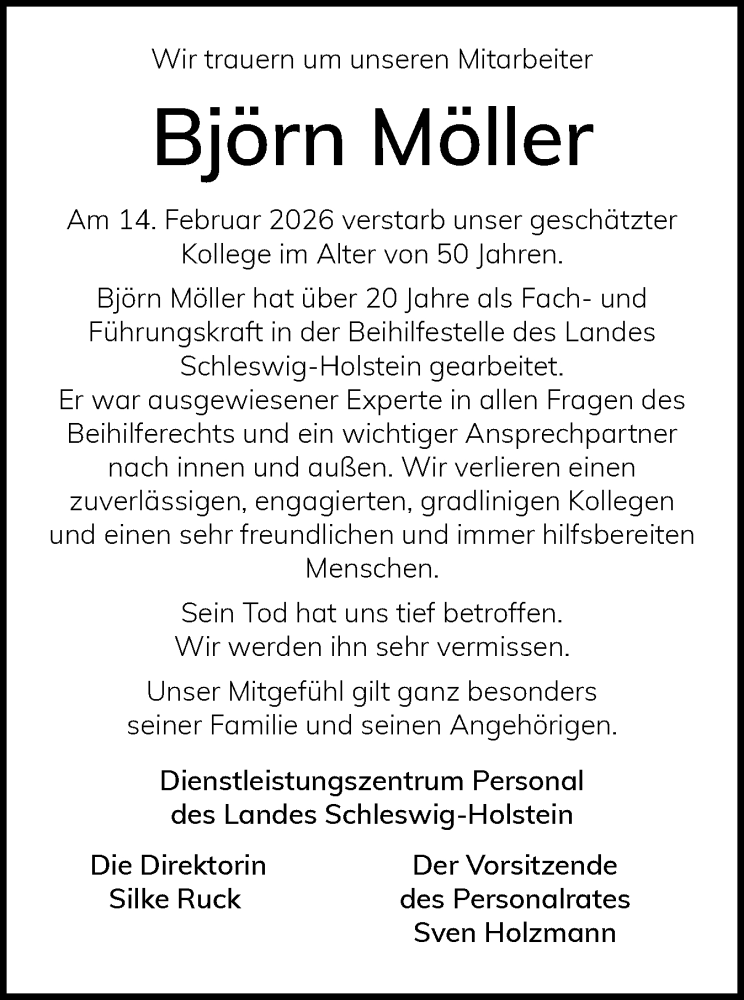  Traueranzeige für Björn Möller vom 21.02.2026 aus Schleswig-Holsteinische Landeszeitung