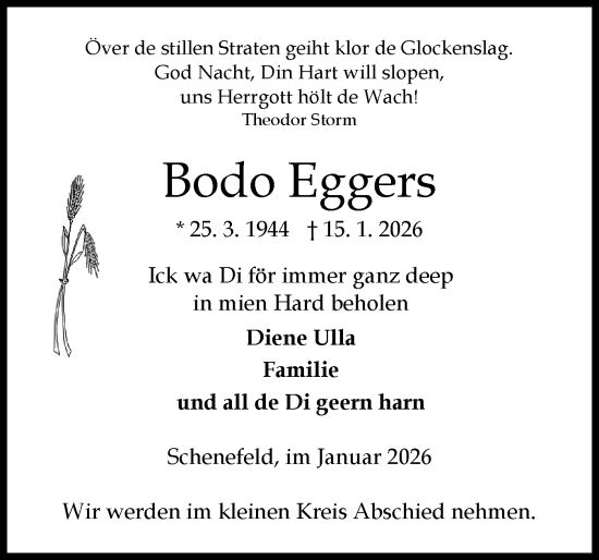 Traueranzeige von Bodo Eggers von Norddeutsche Rundschau, Wilstersche Zeitung, Glückstädter Fortuna