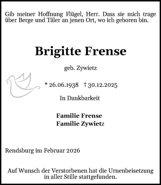Traueranzeige von Brigitte Frense von Schleswig-Holsteinische Landeszeitung