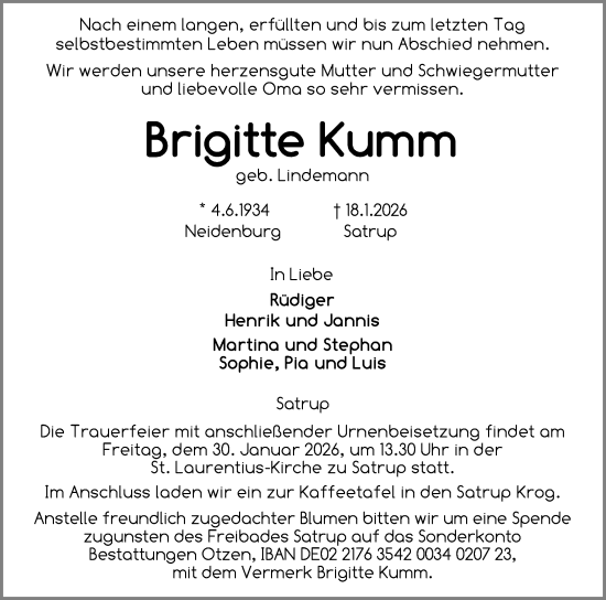 Traueranzeige von Brigitte Kumm von Flensburger Tageblatt