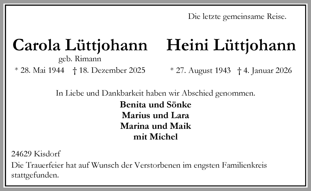  Traueranzeige für Carola Lüttjohann vom 14.02.2026 aus Umschau