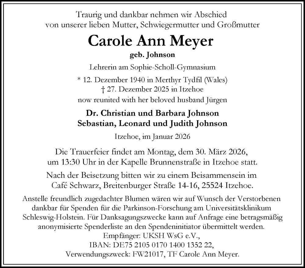  Traueranzeige für Carole Ann Meyer vom 07.02.2026 aus Norddeutsche Rundschau, Wilstersche Zeitung, Glückstädter Fortuna