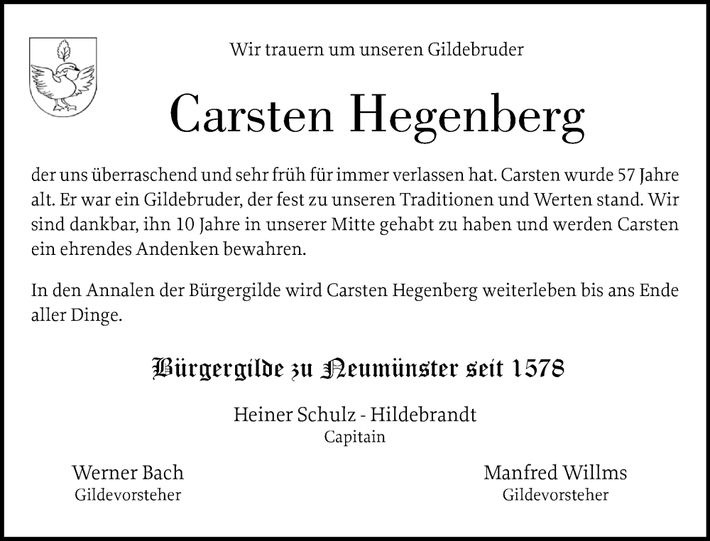  Traueranzeige für Carsten Hegenberg vom 07.02.2026 aus Holsteinischer Courier