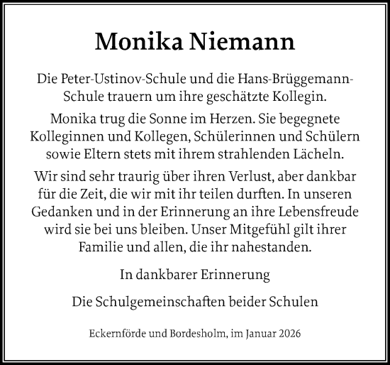 Traueranzeige von Monika Niemann von Eckernförder Zeitung