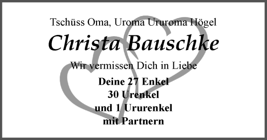 Traueranzeige von Christa Bauschke von Husumer Nachrichten, Nordfriesland Tageblatt