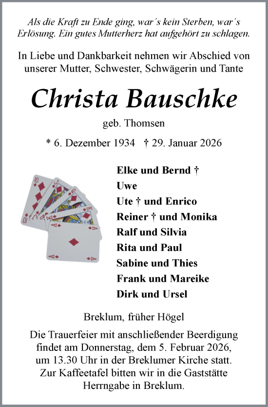 Traueranzeige von Christa Bauschke von Husumer Nachrichten, Nordfriesland Tageblatt