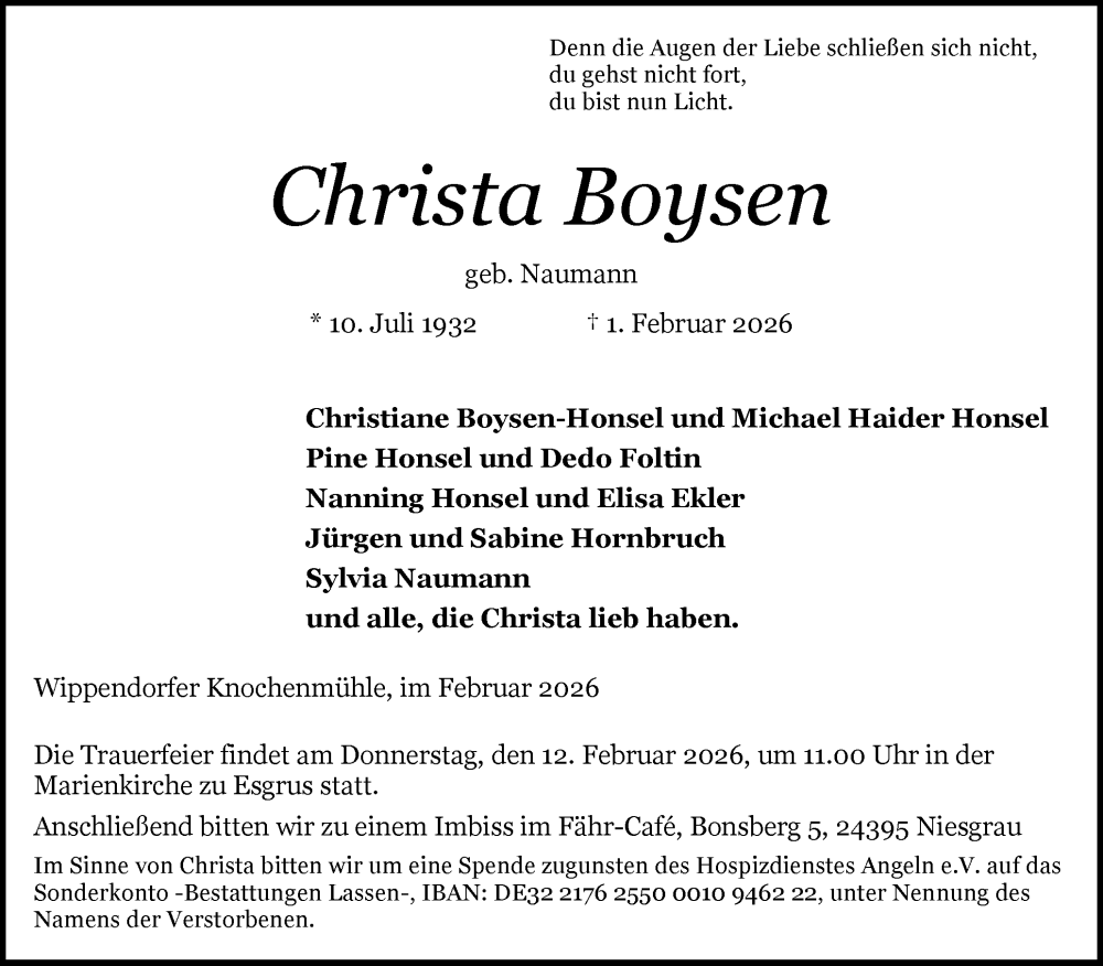  Traueranzeige für Christa Boysen vom 07.02.2026 aus Flensburger Tageblatt, Schleswiger Nachrichten, Schlei-Bote