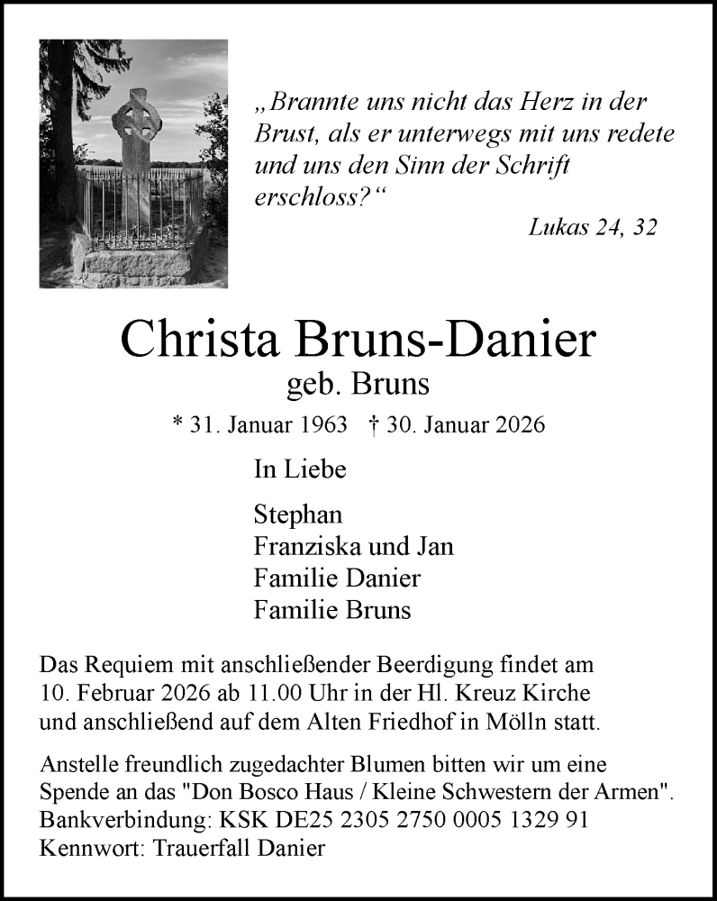  Traueranzeige für Christa Bruns-Danier vom 07.02.2026 aus MARKT Ratzeburg/Mölln