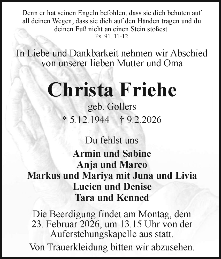 Traueranzeige für Christa Friehe vom 14.02.2026 aus Holsteinischer Courier