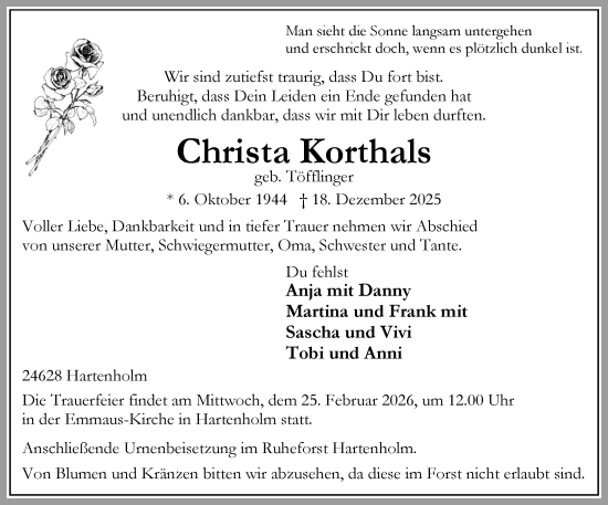 Traueranzeige von Christa Korthals von Umschau