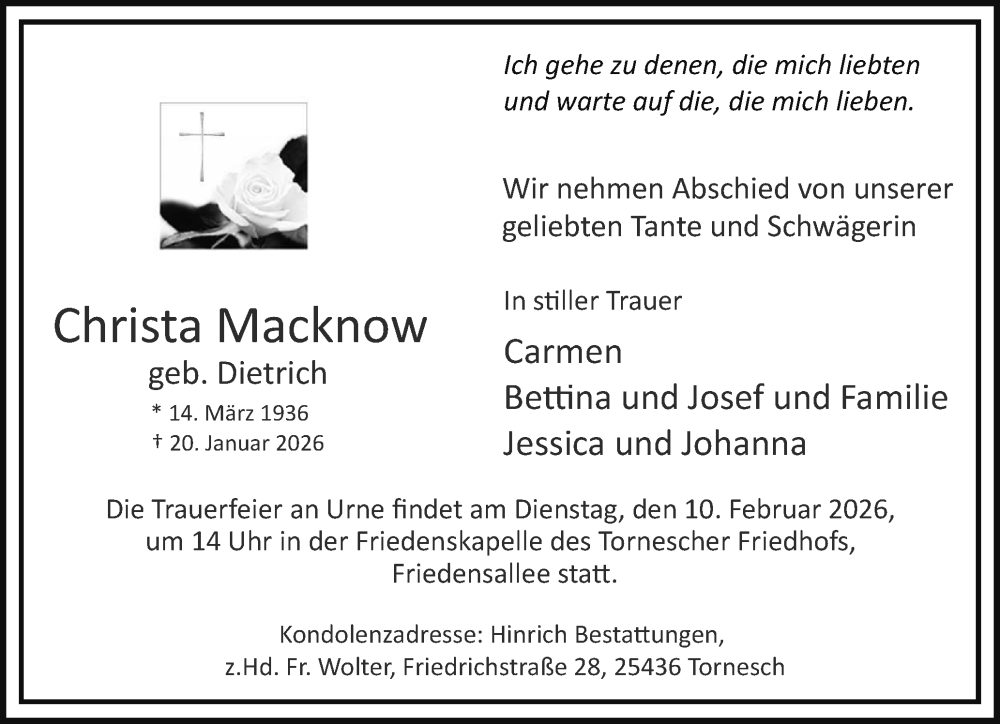  Traueranzeige für Christa Macknow vom 07.02.2026 aus Uetersener Nachrichten, Der tip am Wochenende