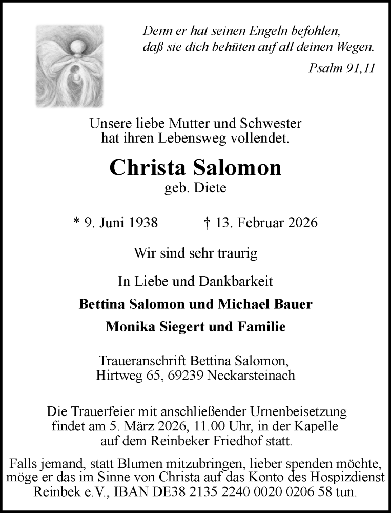  Traueranzeige für Christa Salomon vom 21.02.2026 aus MARKT Glinde/Reinbek