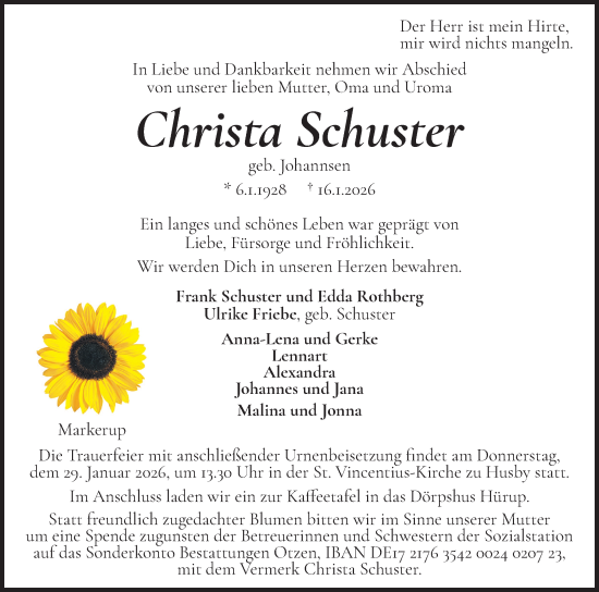 Traueranzeige von Christa Schuster von Flensburger Tageblatt