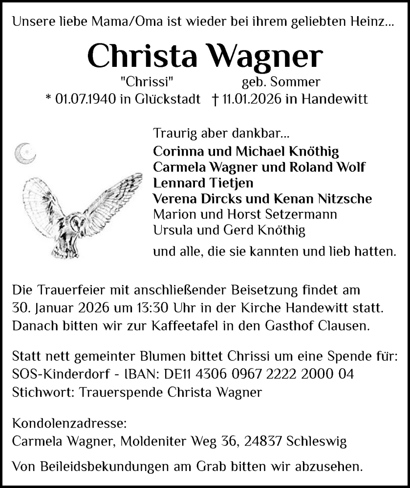  Traueranzeige für Christa Wagner vom 24.01.2026 aus Flensburger Tageblatt, Schleswiger Nachrichten, Schlei-Bote