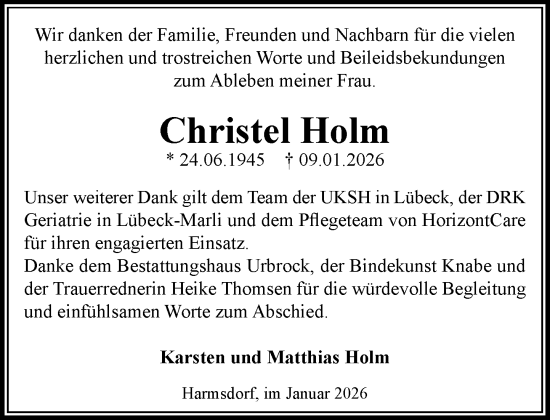 Traueranzeige von Christel Holm von MARKT Ratzeburg/Mölln