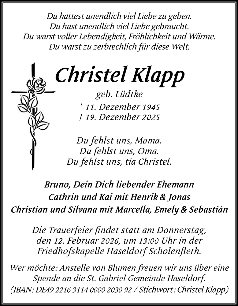  Traueranzeige für Christel Klapp vom 07.02.2026 aus Uetersener Nachrichten, Der tip am Wochenende
