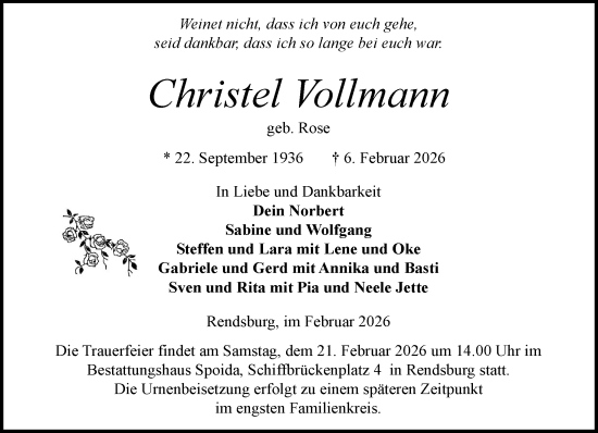 Traueranzeige von Christel Vollmann von Schleswig-Holsteinische Landeszeitung