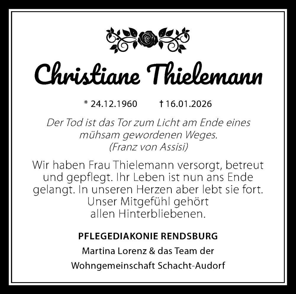  Traueranzeige für Christiane Thielemann vom 06.02.2026 aus Schleswig-Holsteinische Landeszeitung