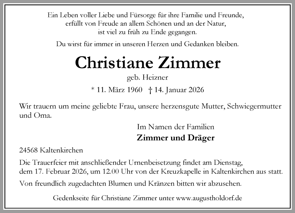  Traueranzeige für Christiane Zimmer vom 14.02.2026 aus Umschau