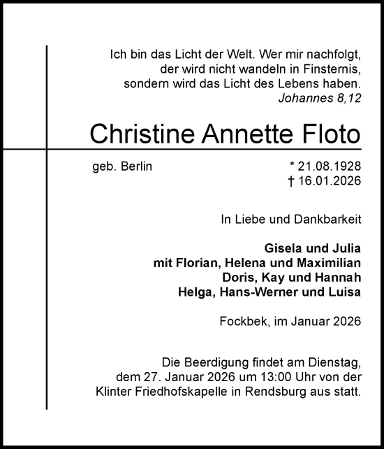 Traueranzeige von Christine Annette Floto von Schleswig-Holsteinische Landeszeitung