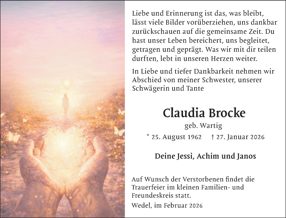  Traueranzeige für Claudia Brocke vom 07.02.2026 aus Region Pinneberg und tip Pinneberg