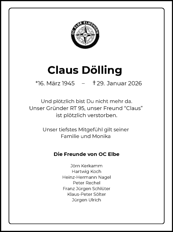 Traueranzeige von Claus Dölling von Elmshorner Nachrichten, Barmstedter Zeitung