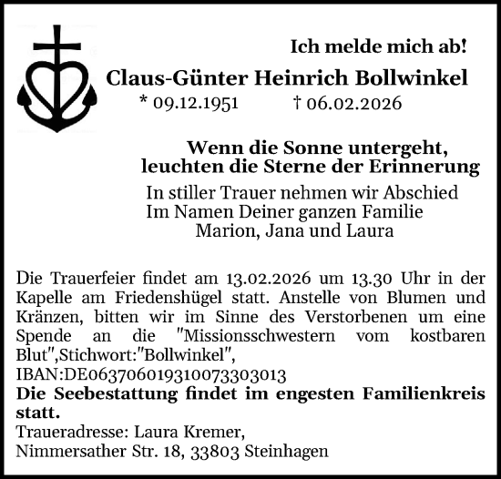 Traueranzeige von Claus-Günter Heinrich Bollwinkel von Region Flensburg