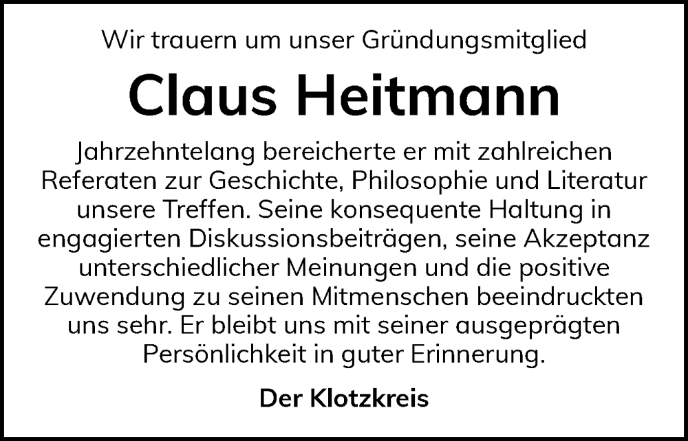  Traueranzeige für Claus Heitmann vom 04.02.2026 aus Husumer Nachrichten, Nordfriesland Tageblatt