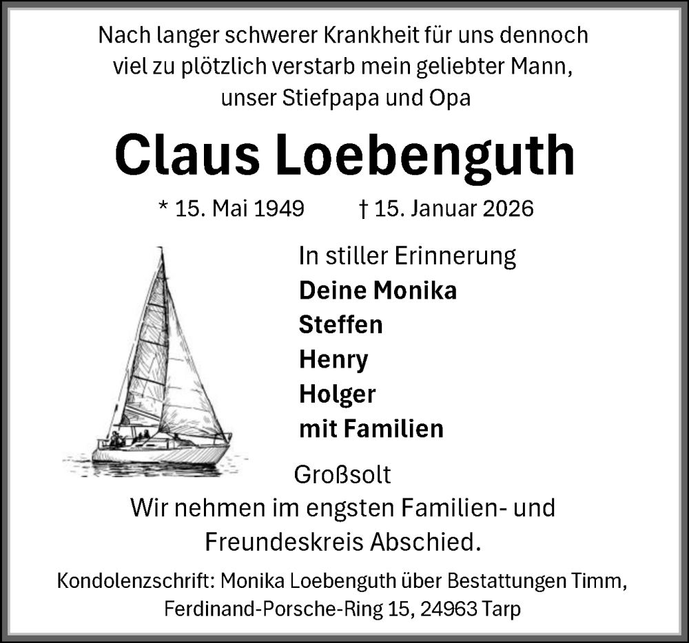  Traueranzeige für Claus Loebenguth vom 24.01.2026 aus Flensburger Tageblatt