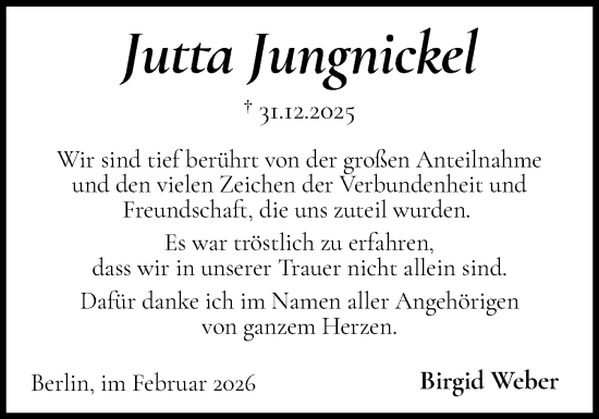 Traueranzeige von Jutta Jungnickel von Husumer Nachrichten, Nordfriesland Tageblatt