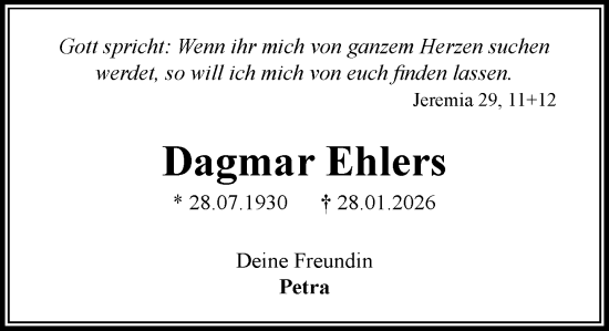 Traueranzeige von Dagmar Ehlers von Heimatspiegel