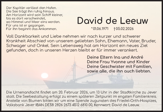Traueranzeige von David de Leeuw von Husumer Nachrichten, Nordfriesland Tageblatt