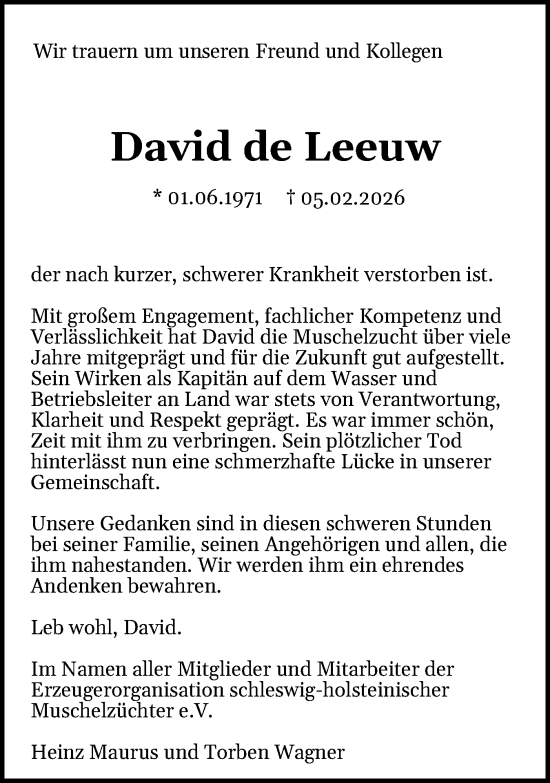 Traueranzeige von David de Leeuw von Region Westküste