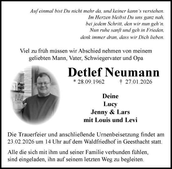 Traueranzeige von Detlef Neumann von Wochenend Anzeiger