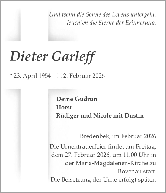 Traueranzeige von Dieter Garleff von Schleswig-Holsteinische Landeszeitung
