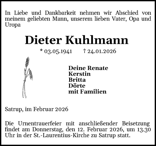 Traueranzeige von Dieter Kuhlmann von Flensburger Tageblatt