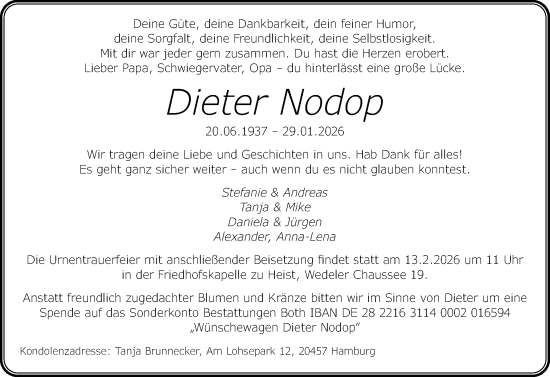 Traueranzeige von Dieter Nodop von Uetersener Nachrichten, Der tip am Wochenende