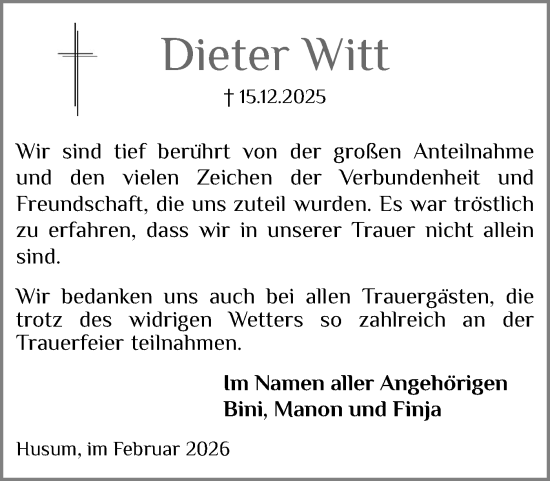 Traueranzeige von Dieter Witt von Husumer Nachrichten, Nordfriesland Tageblatt
