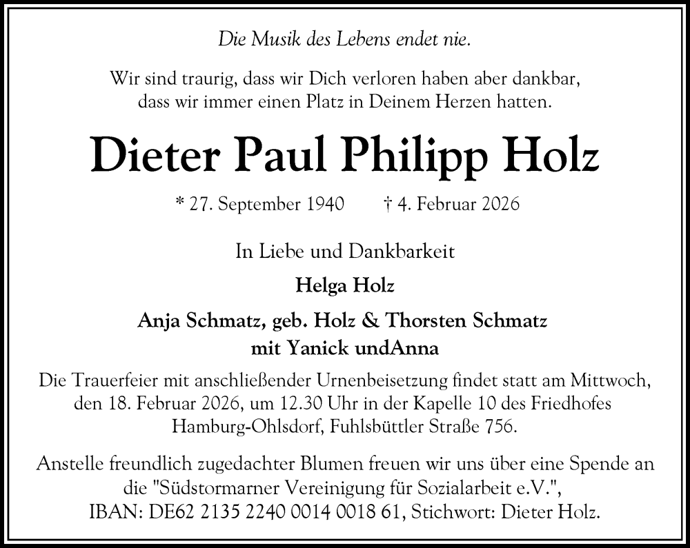  Traueranzeige für Dieter Paul Philipp Holz vom 14.02.2026 aus MARKT Glinde/Reinfeld