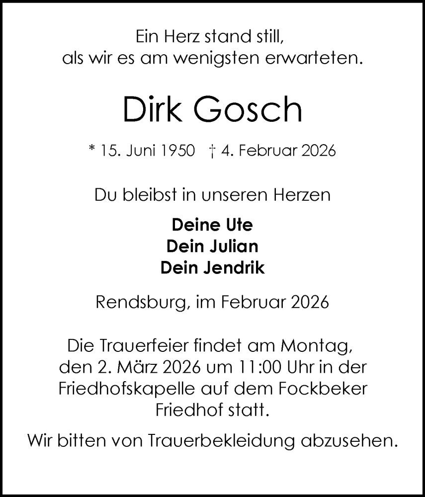  Traueranzeige für Dirk Gosch vom 21.02.2026 aus Schleswig-Holsteinische Landeszeitung