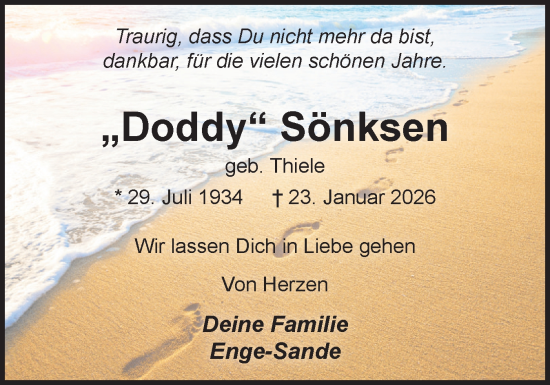 Traueranzeige von Doddy Sönksen von Die WochenSchau Gesamtausgabe