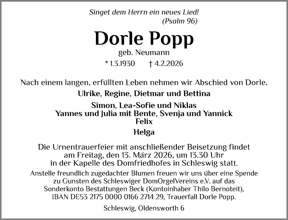  Traueranzeige für Dorle Popp vom 14.02.2026 aus Schleswiger Nachrichten, Schlei-Bote