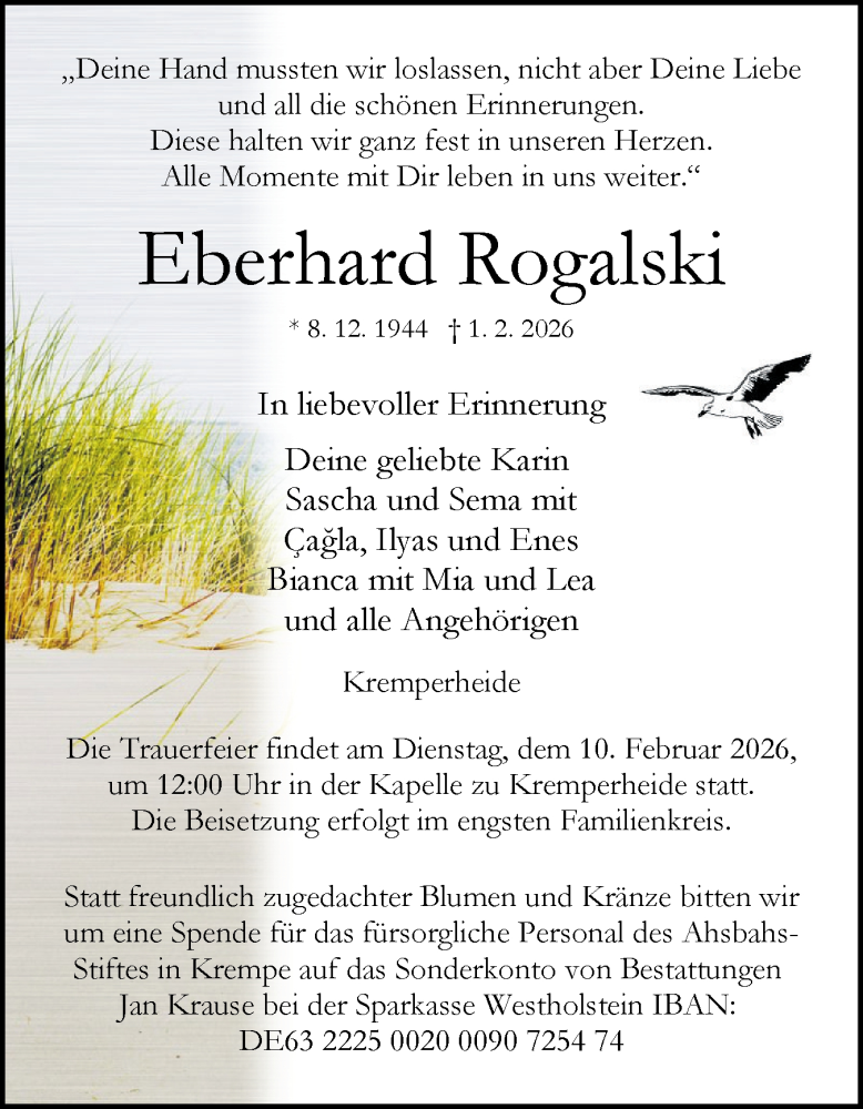  Traueranzeige für Eberhard Rogalski vom 07.02.2026 aus Norddeutsche Rundschau, Wilstersche Zeitung, Glückstädter Fortuna
