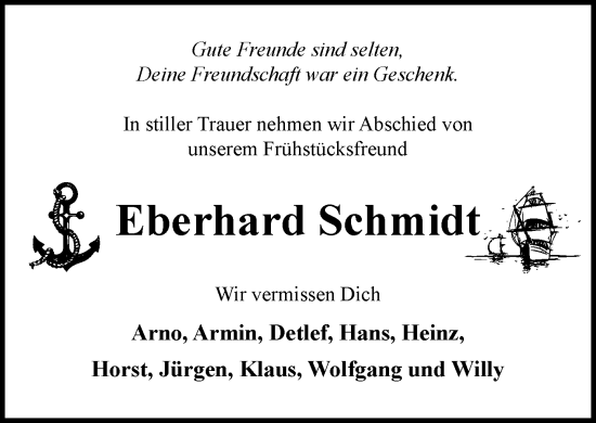 Traueranzeige von Eberhard Schmidt von MARKT Ratzeburg/Mölln
