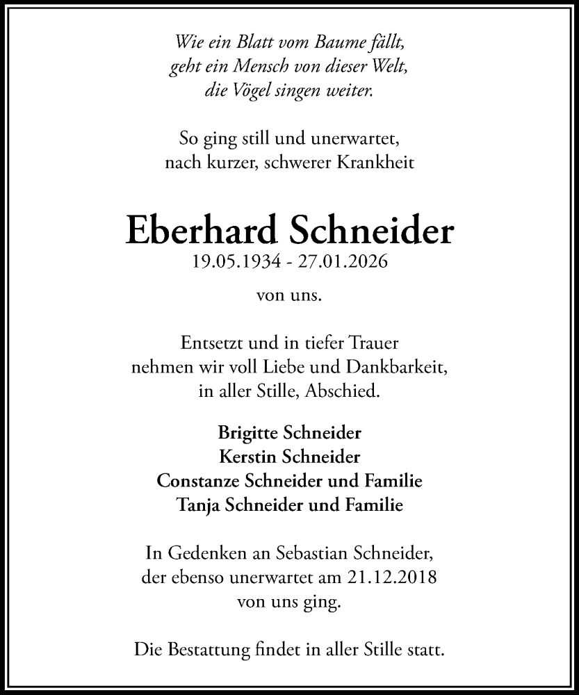  Traueranzeige für Eberhard Schneider vom 07.02.2026 aus MARKT Glinde/Reinfeld